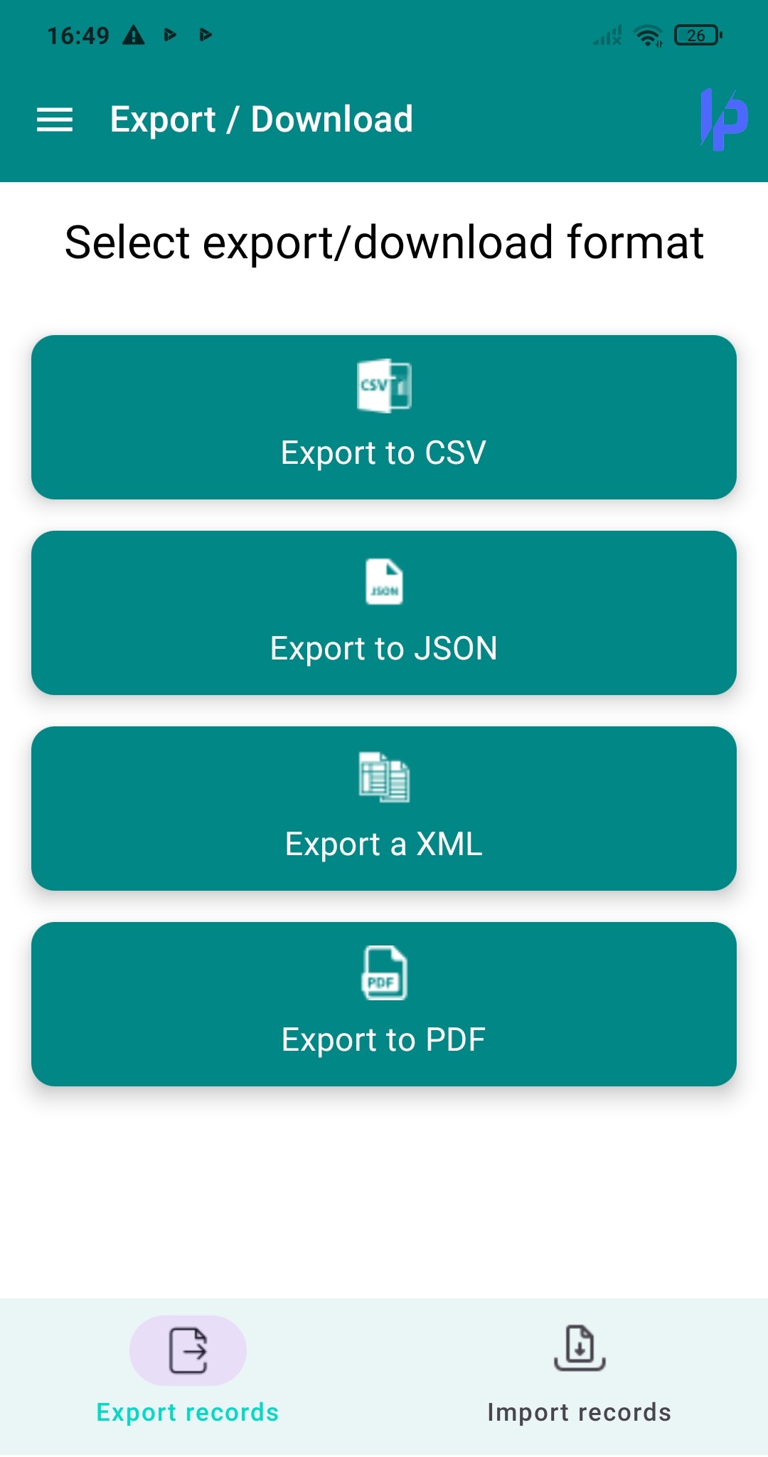 Pantalla Exportar de Prism con opciones CSV, JSON y XML.