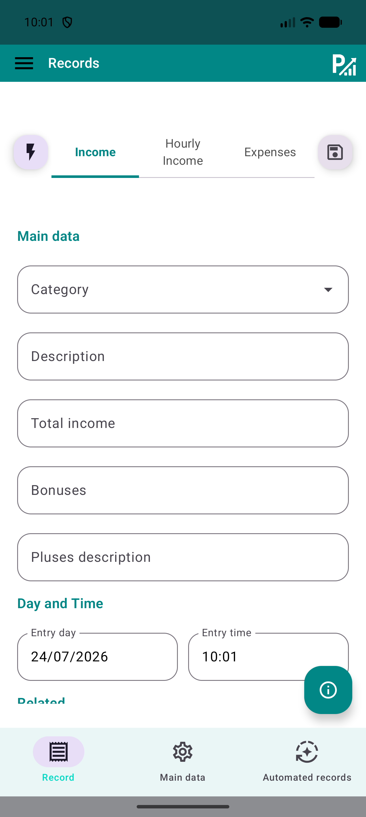 Formulario de registros de Prism: categoría, descripción, importe y fecha.